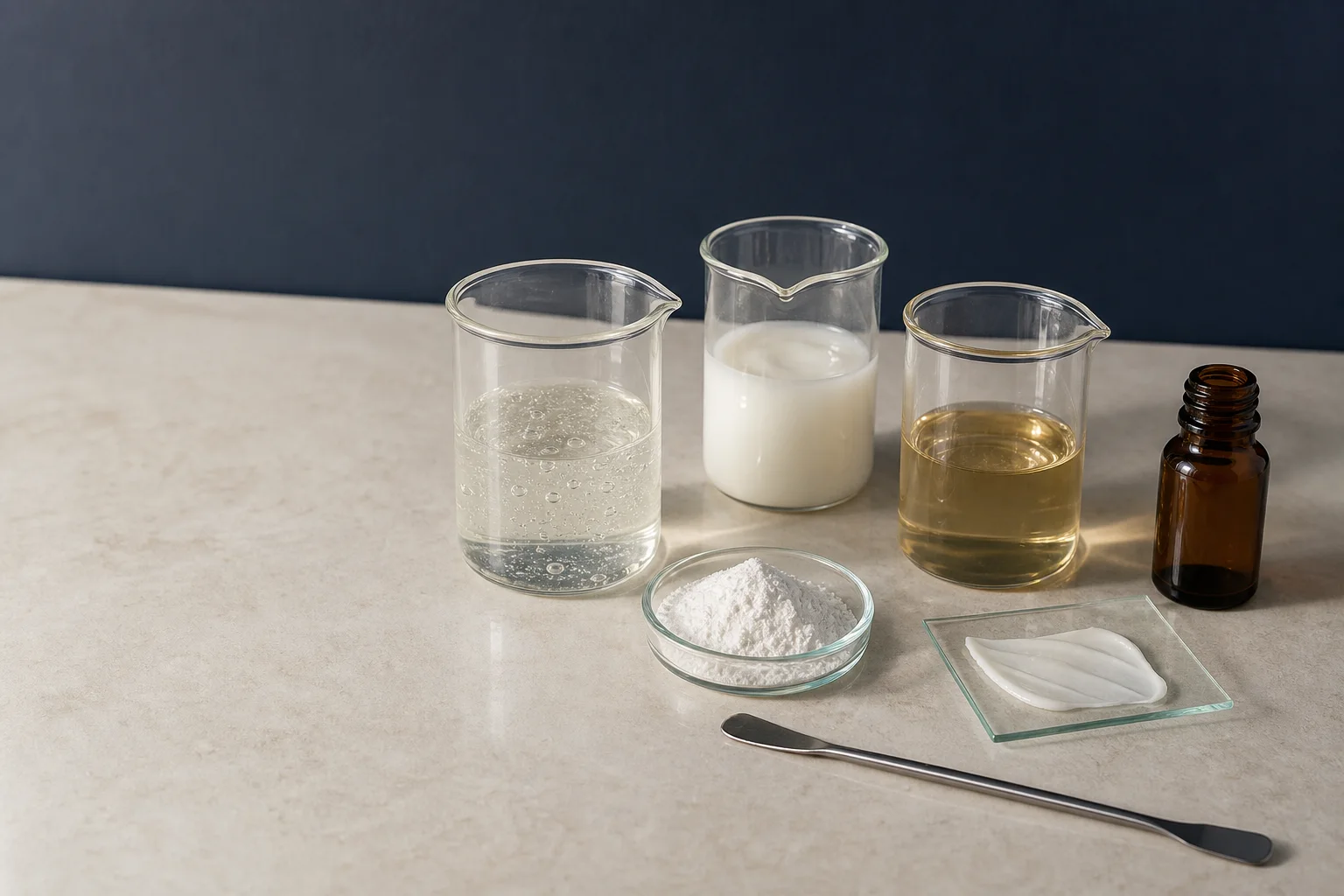 Cosmetic formulation samples, raw material powder and laboratory glassware