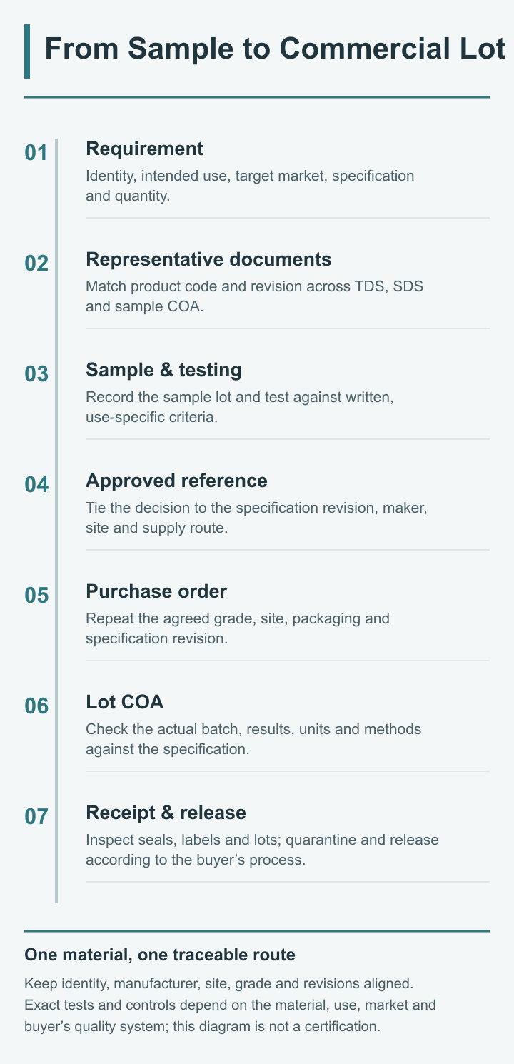 Flow diagram from document review and sample approval to commercial lot receipt